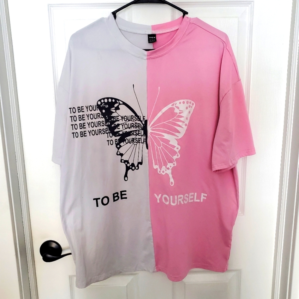 Pink and Gray Butterfly Graphic T-Shirt